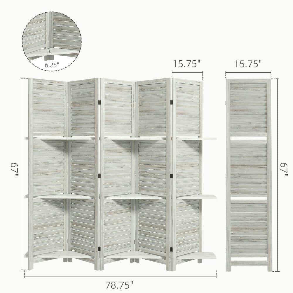 Spaco 5 Panel 67" Tall Wood Privacy Screen, Room Divider with 3 Shelves and Folding Storage for Indoor as Living Room, Entryway, White