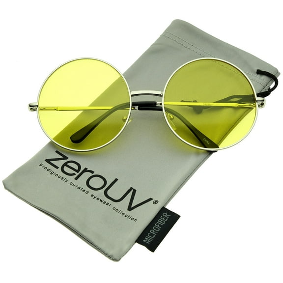 zeroUV Unisex Super Oversize Slim Temple Colorful Lens Round Sunglasses 61mm (Silver / Yellow) - 61mm