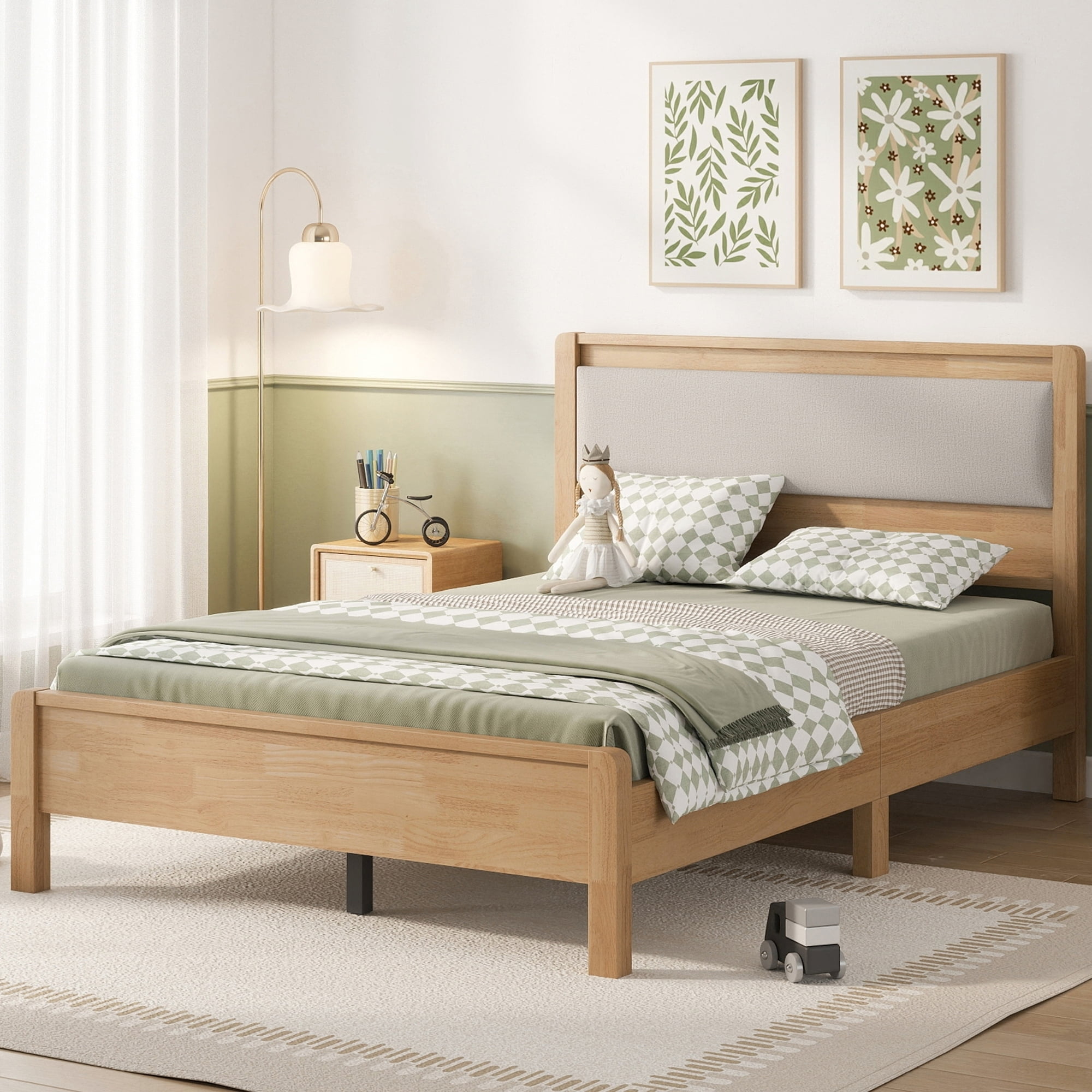 HOQBN Full Solid Rubberwood Bed Frame with Upholstered Headboard, Reinforced Central Support Legs for Bedroom Natural
