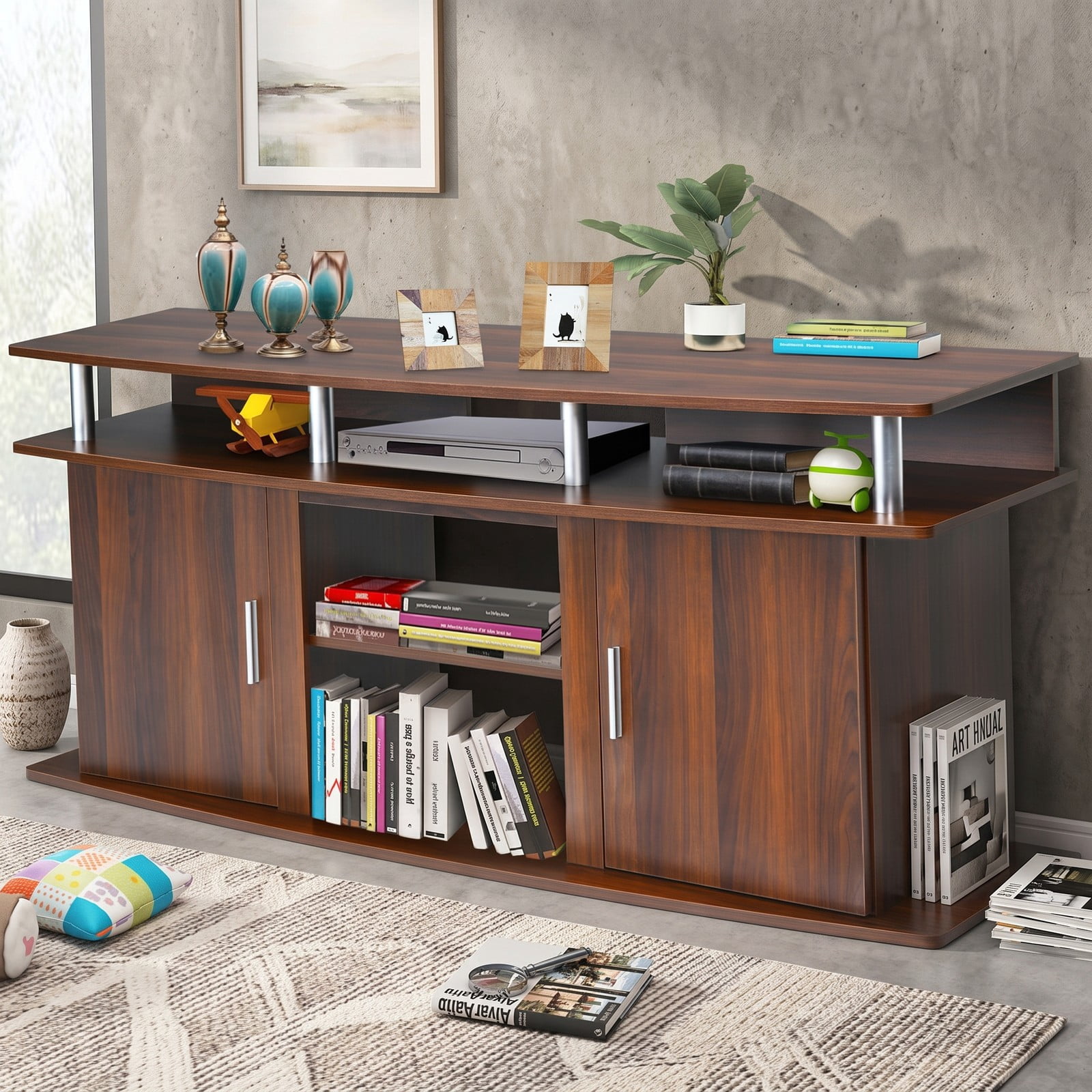 Furnibear 63 Inch TV Stand Entertainment Center for TVs up to 70 Inch, Modern Media Console with 2 Storage Cabinets and Open Shelves, Fireplace-Ready Wood TV, Walnut