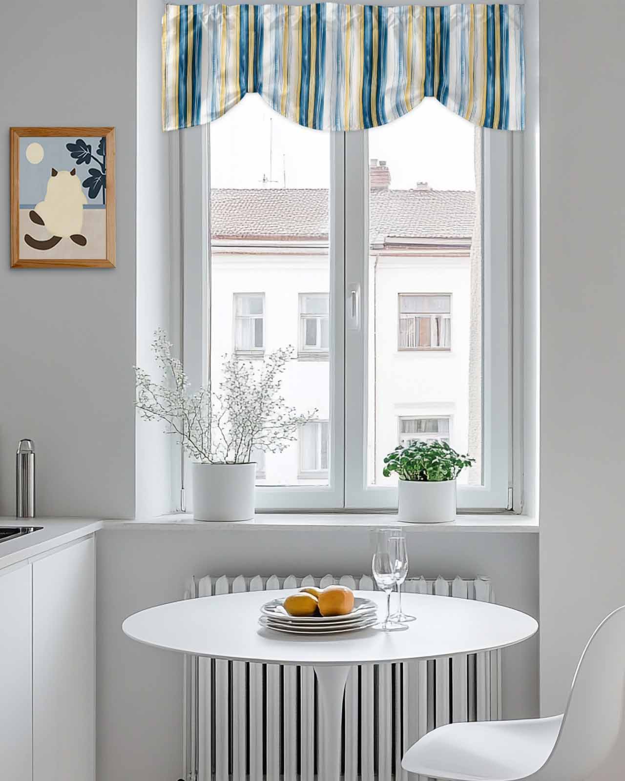 Vintage Stripes Tie Up Valances Curtain, Blue Yellow Striped Abstract Lines Gradient Kitchen Valances for Windows Decor, Rod Pocket Short Curtains Set for Bedroom/Bathroom, 54"x18"