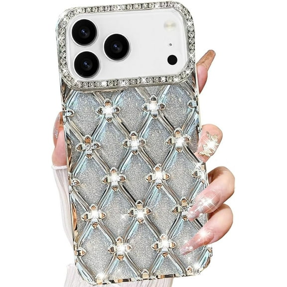 for iPhone 17 Pro Max Glitter Bling Case,Cute Luxury 3D Sparkle Rhinestone Flower Diamond Soft TPU Plating Bumper Shockproof Women Girls Slim Protective Case for iPhone 17 Pro Max 6.9",Silver