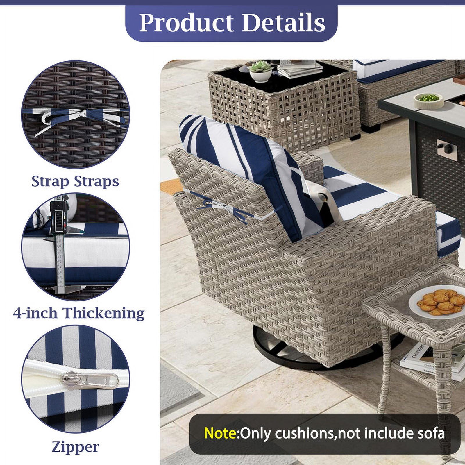 Outdoor Cushions for Patio Furniture Replacement, 4" Foam High-Density, 14-Piece Water-Resistant Outdoor Cushion for 6-Seat Sectional Patio Conversation Sets（Blue white stripes）
