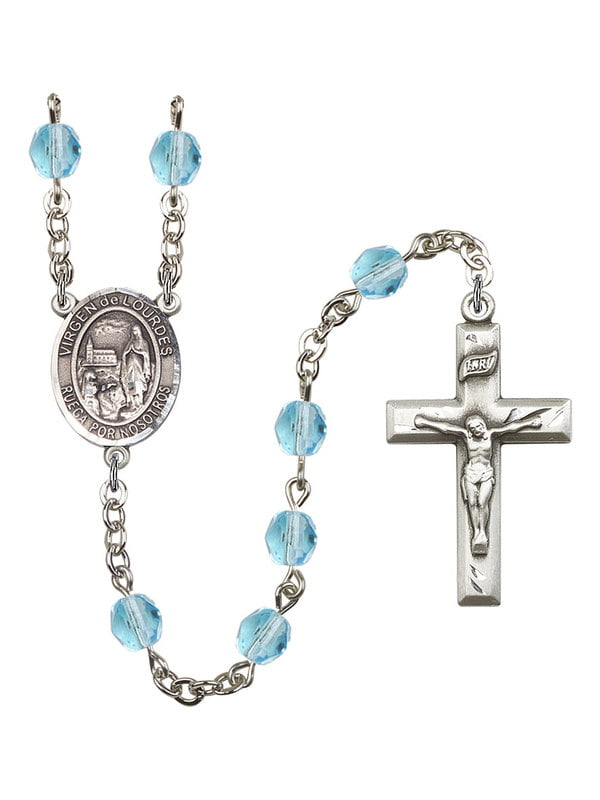 and 1 5/8 x 1 inch Crucifix Gift Boxed Silver Finish Virgen del Lourdes Rosary with 6mm Saphire Color Fire Polished Beads Virgen del Lourdes Center