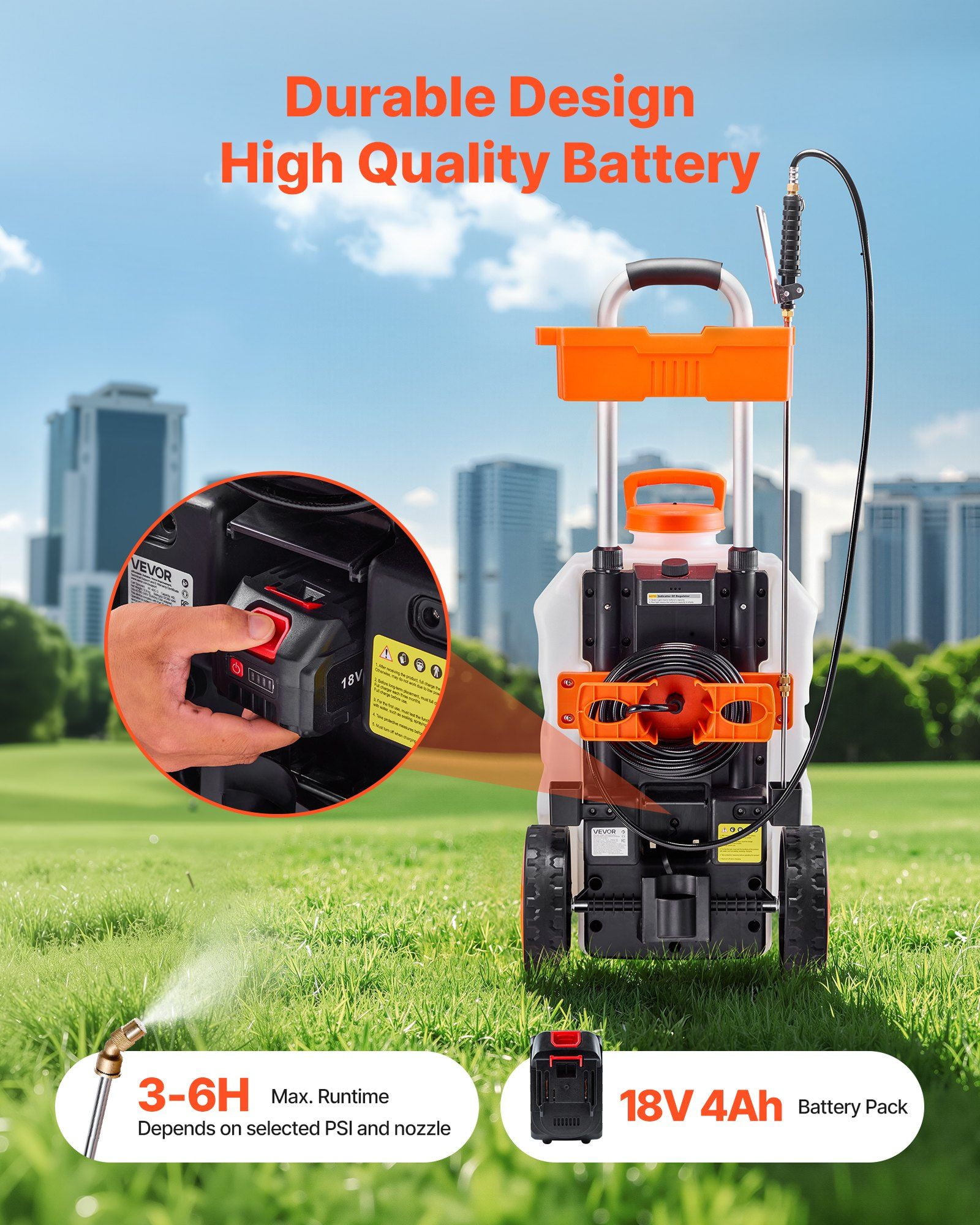 Electric Weed Sprayer 10 Gallon Battery Powered Adjustable Pressure 0-80 PSI 5 Nozzles 98 Foot Hose 3-6 Hour Spraying Time Wheeled Cart for Weeding and Cleaning