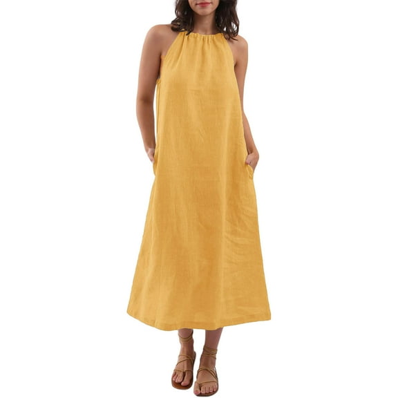 Summer Beach Dresses for Womens 2026 Plus Size Fashion Spring V-Neck Solid Color Sling Loose Linen Dress