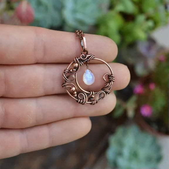 HOOUN Retro Crescent Moonstone Necklace Boho Pendant Ladies Personality Party Jewelry-02#Copper Beads Moonstone Moon