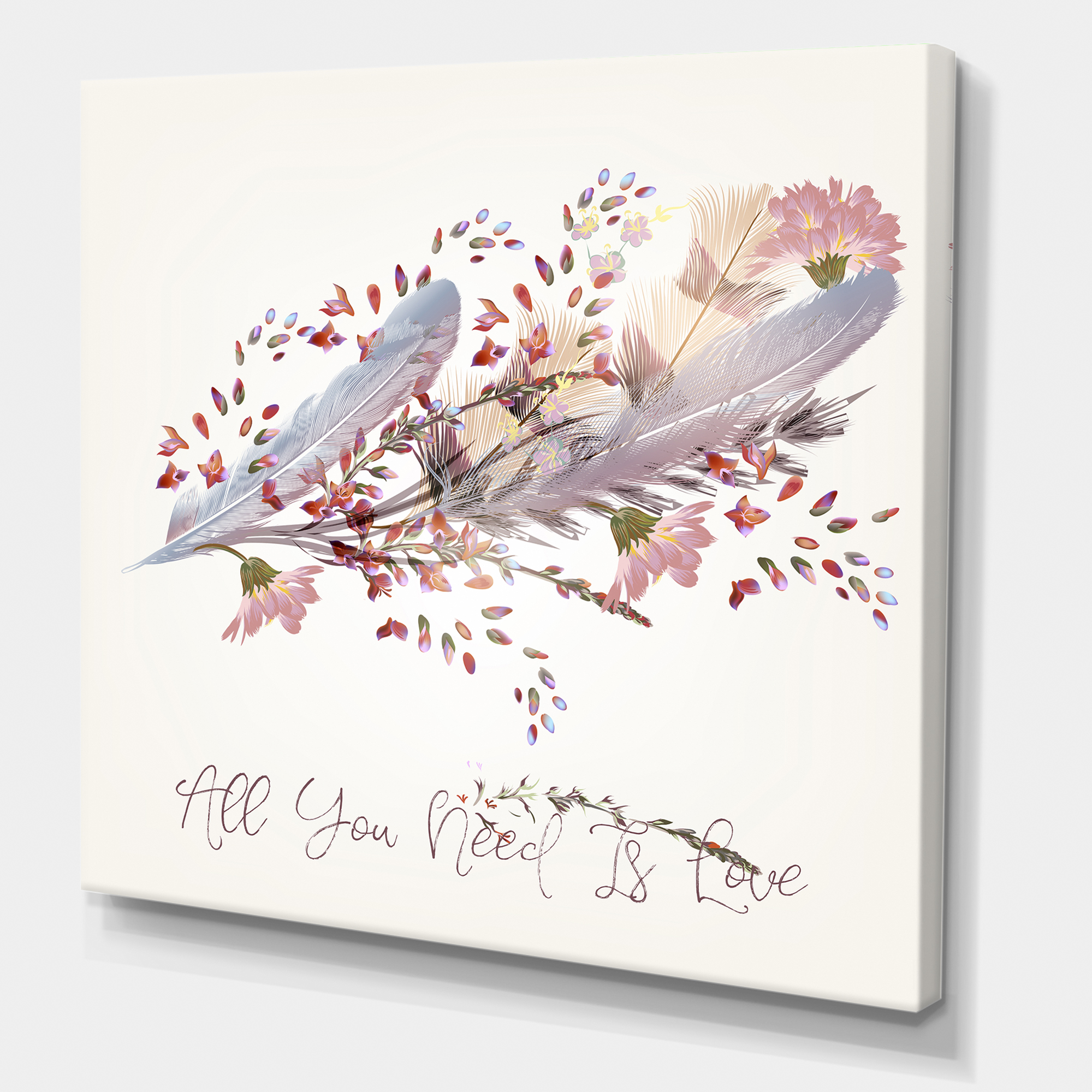 Pink Feathers and Flowers All You Need Is Love 16 in x 16 in Painting Canvas Art Print, by Designart