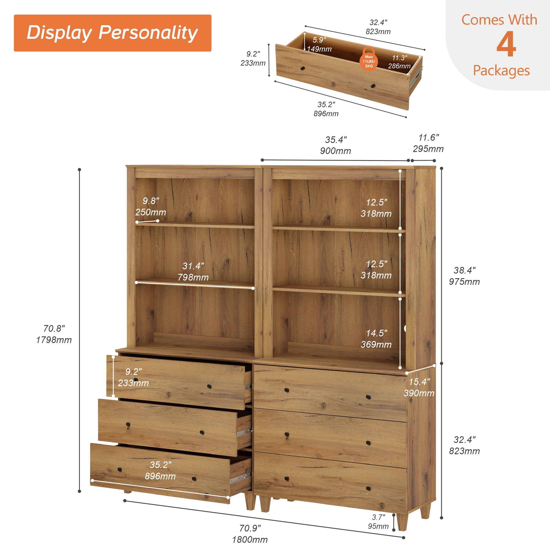 WAMPAT Modern 71" Tall Bookcase with 6 Drawers, 2 Columns 3-Tier,Oak Brown