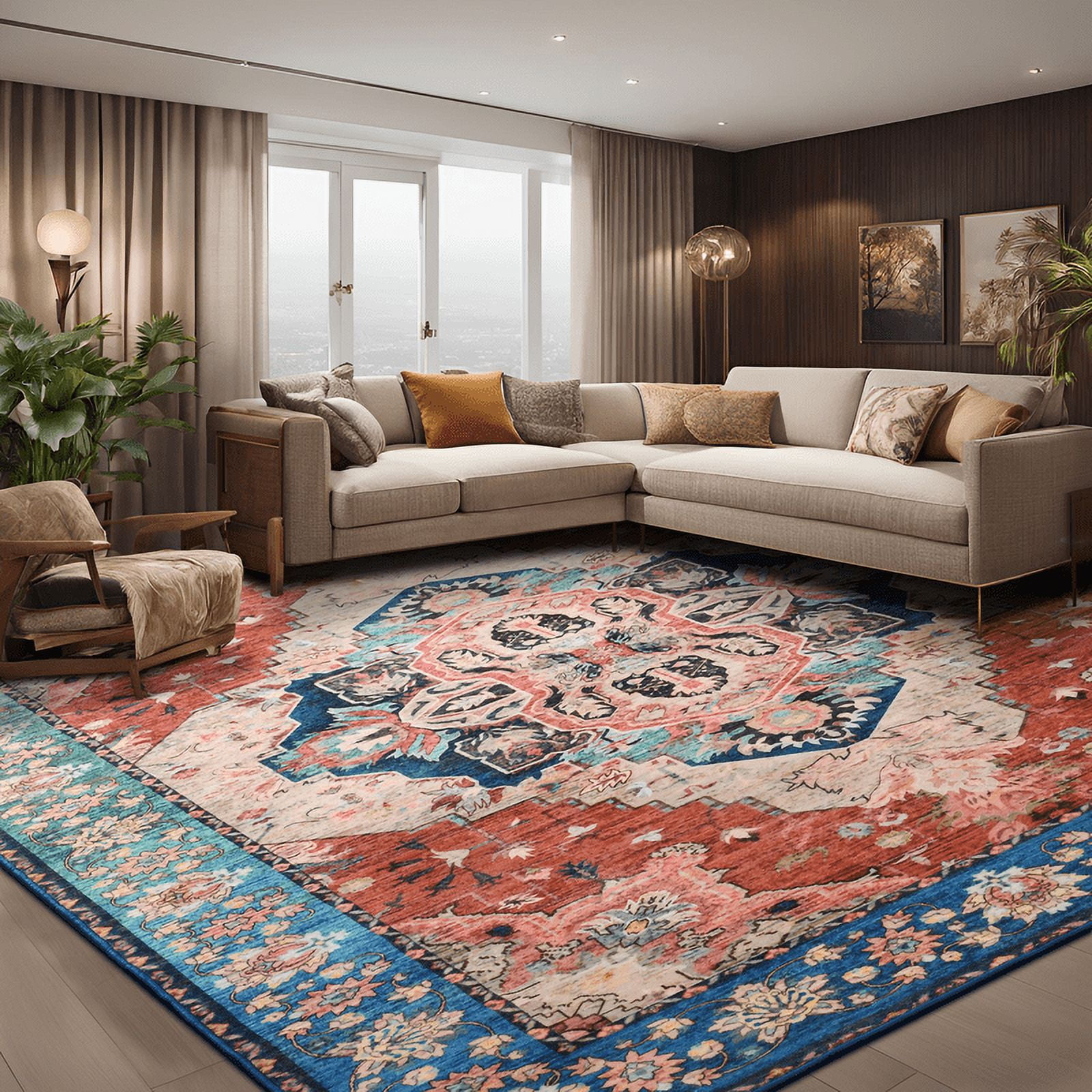 Junovo 6'x9'Rugs for Living Room Boho Rug Floor Carpet,Blue/Orange