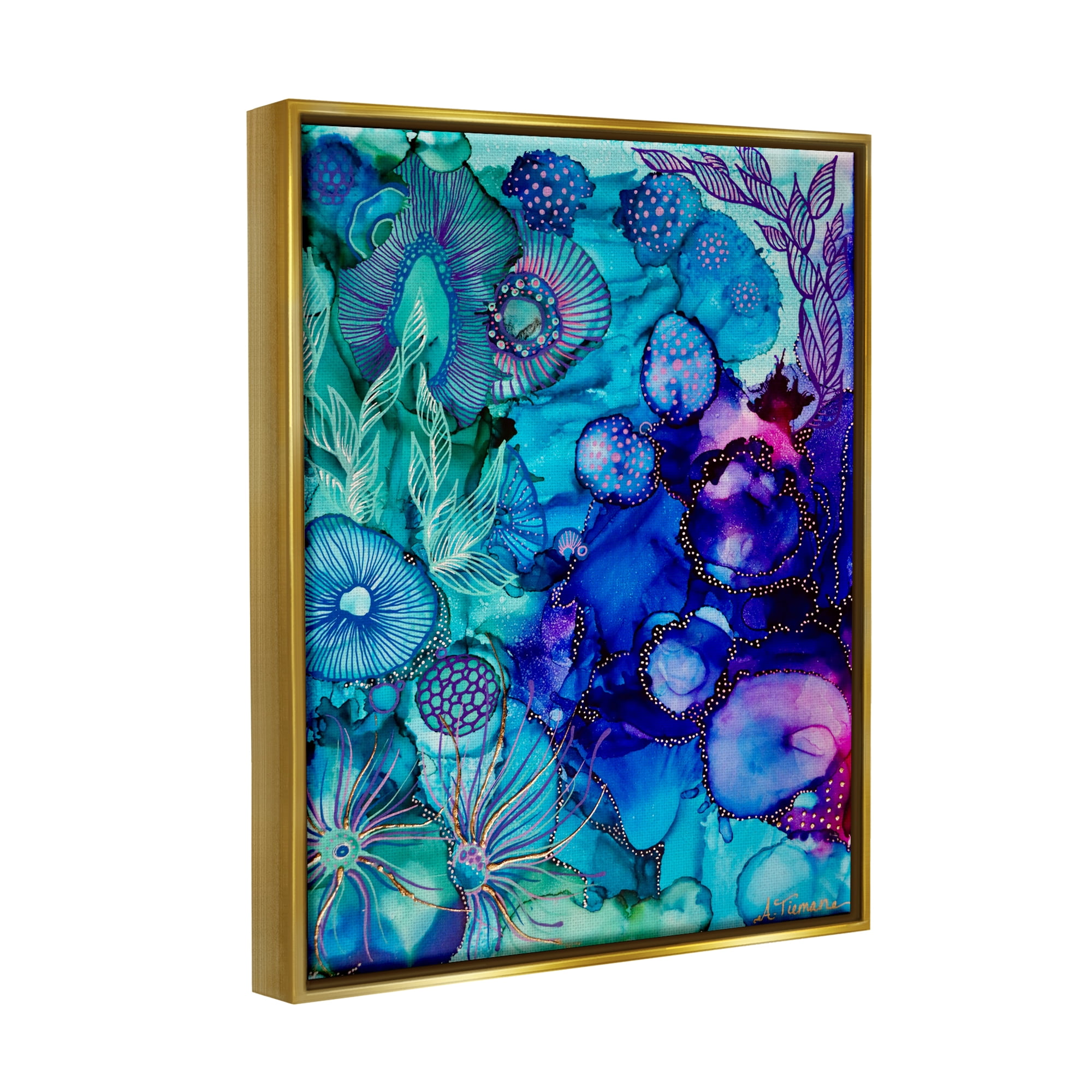Stupell Industries Blue Modern Sea Life Abstract Painting Gold Floater Framed Canvas Art Print Wall Art, 17 x 21