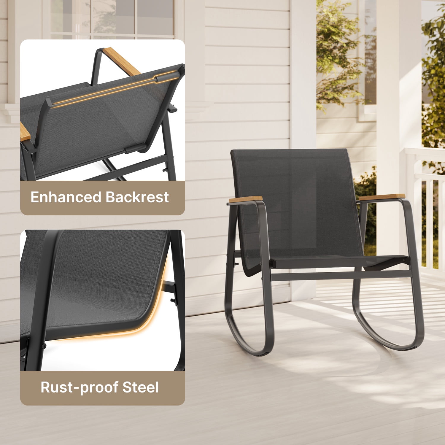 Asofer 3-Piece Patio Furniture Set, Rocking Chair with Soft Cushion and Coffee Table, for Garden, Balcony, Backyard, Black