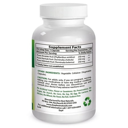 Triphala 750 mg 120 Vcaps By Best Naturals - 100% Pure Super Triphala with Zero filler ingredients - Manufactured in a U