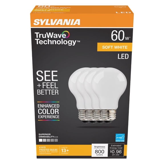 Sylvania 40670 A19 LED Light Bulb, 2700 K, Pack 4