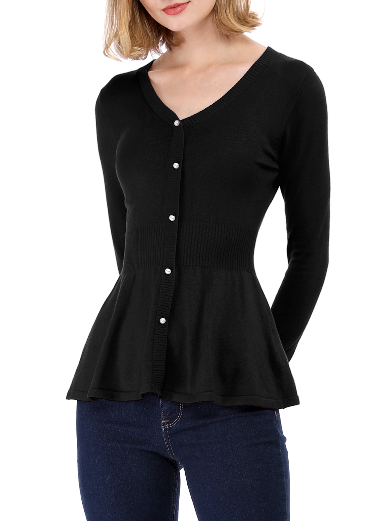 DARING DIVA Women's Peplum Top Smocked Long Sleeve Knit Sweater XL Black