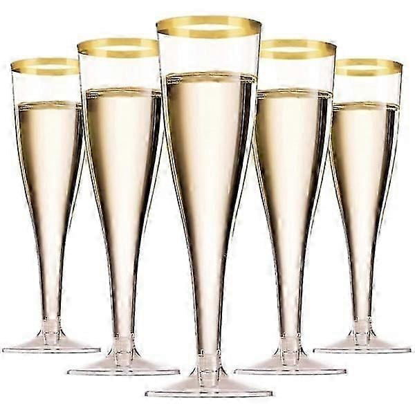 50 pcs Gold Rim Champagne Glasses 150ml, Reusable Flutes for Garden Wedding, Day Parties, Shows