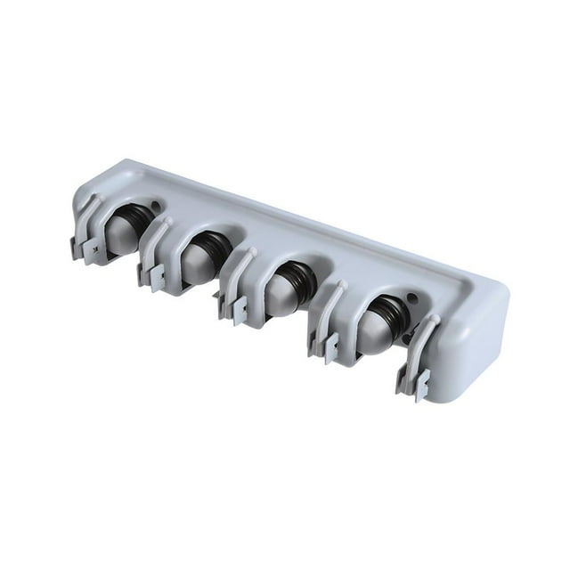 percha para escobas, soporte para escobas y trapeadores de cocina, organizador de escobas, colgador de pared para escobas y trapeadores, características de vanguardia gris. Base de plástico ABS con cinco rodillos de sujeción automáticos y ganchos plegables; disponible en 4 posiciones/5 ganchos o 5 posiciones/6 ganchos, vista en ángulo que muestra los rodillos; ideal para cocina, garaje o lavandería y a menudo usado para colgar llaves o toallas.