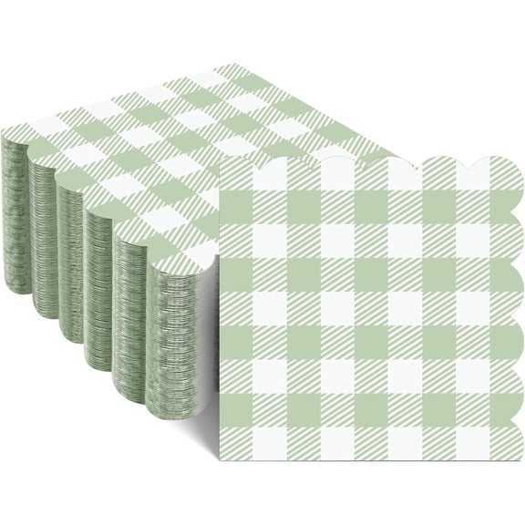 140 Pcs Green Gingham Napkins, Disposable Sage Green Napkin Scalloped Green Baby Shower Cocktail Napkins Paper Plaid Napkin for Picnic, Wedding, Baby & Bridal Shower,5 x 5 Inches