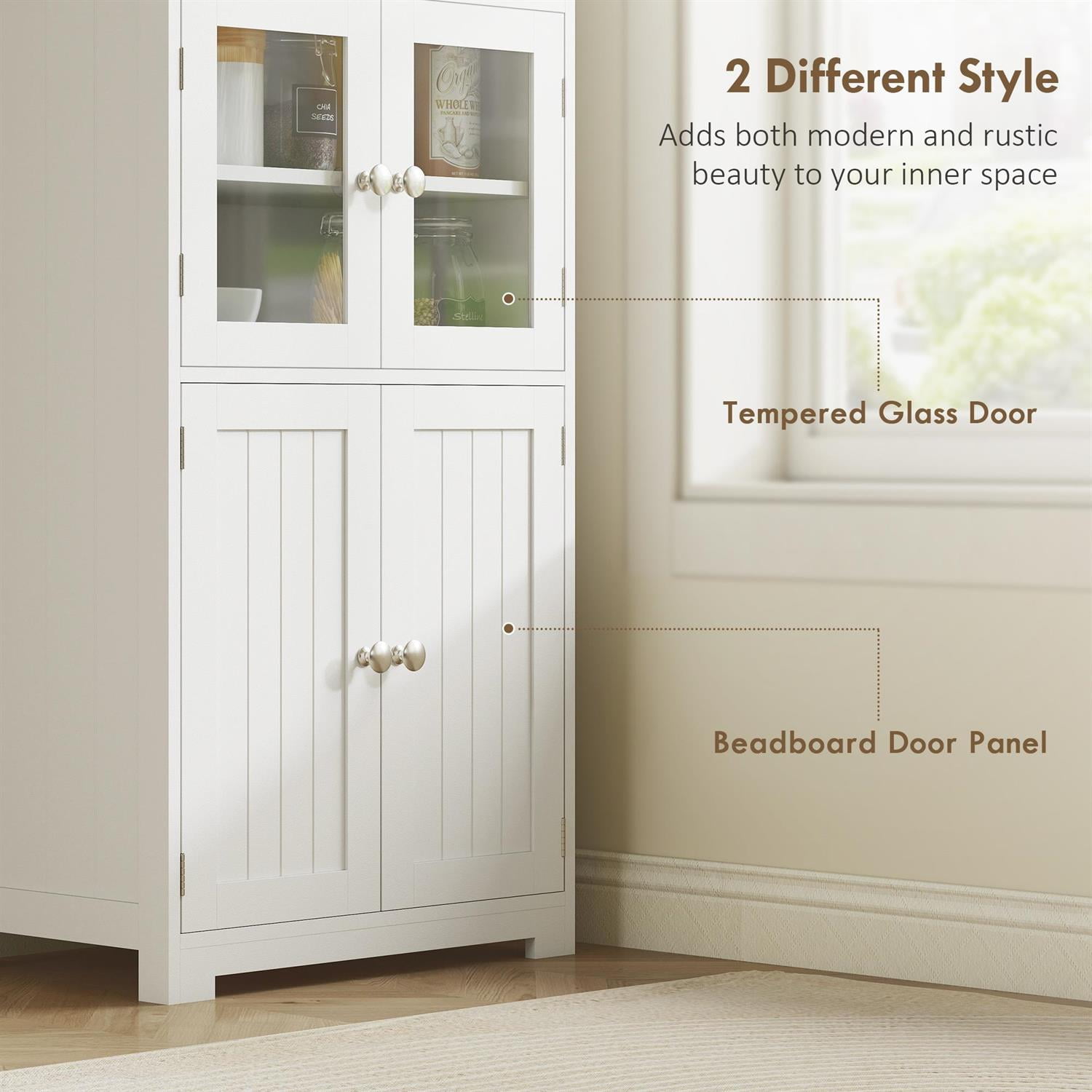 Demi Bonn 63" Buffet Storage Cabinet with Hutch, 4-Door Pantry, Adjustable Shelves for Kitchen, Living Room & Dining Spaces, White