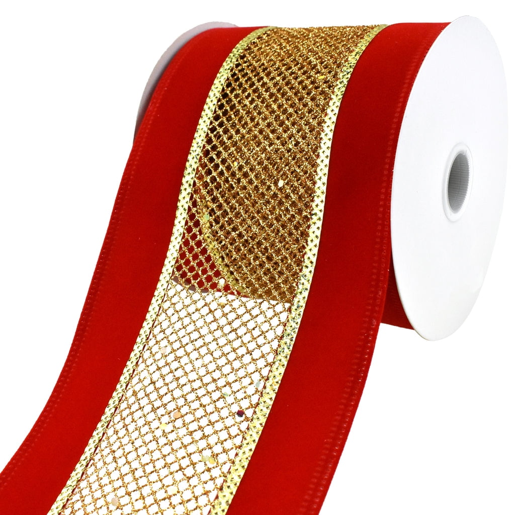 Mesh Velvet Wired Edge Christmas Ribbon, 4-Inch, 10-Yard - Red/Gold ...