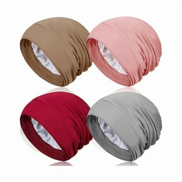 wonima11 4 Pieces Satin Lined Sleep Bonnet - Adjustable Sleeping Cap Slouchy Beanie Hat for Curly Hair