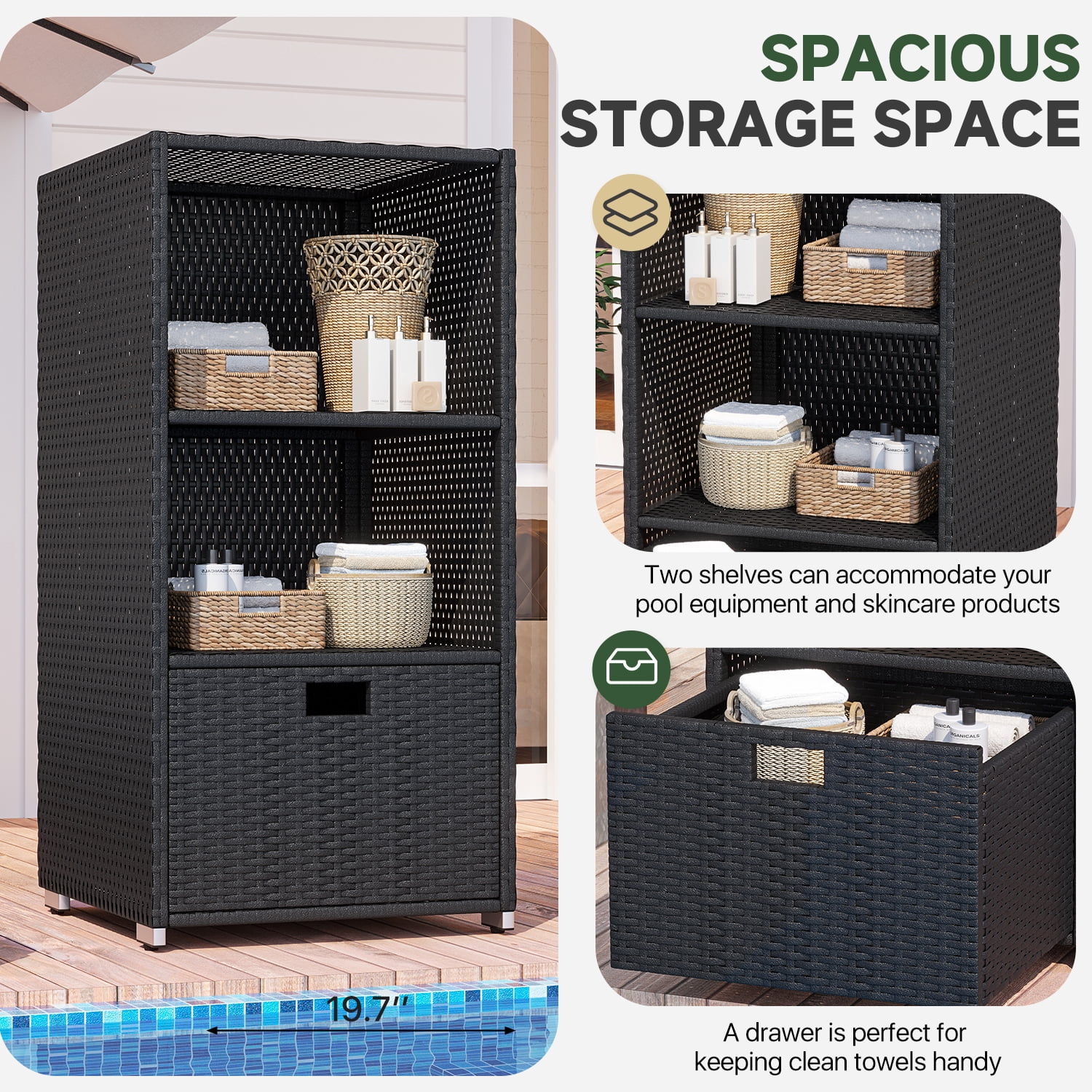 BaPiPro Outdoor Towel Rack for Pool, Rattan Wicker Storage Cabinet with Shelf & Drawer, Poolside Towels Valet, 47" Tall Black