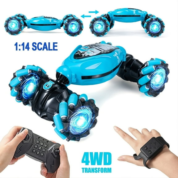 1:14 RC Stunt Car, 2.4GHz Gesture Sensing Remote Control Car ,360 Degree Rotation Deformable Four- wheel Drive Vehicle, can run flat and climb with Music and Light