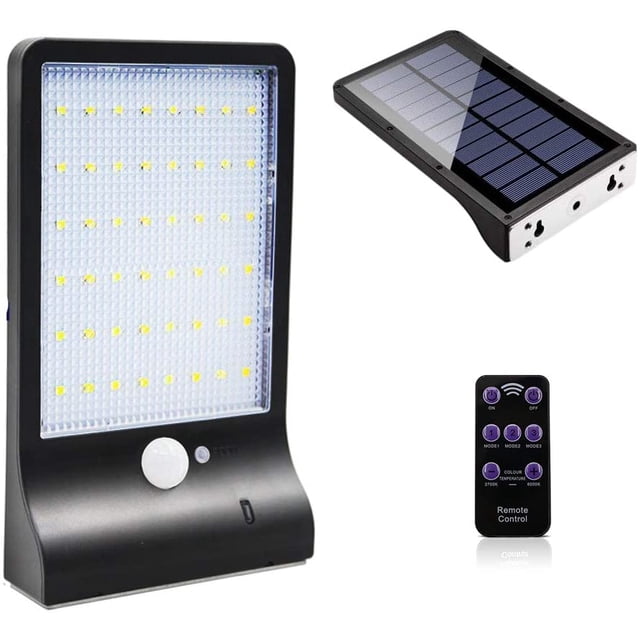 Lampe Solaire Exterieur 48 LED Détecteur de Mouvement Lumière Dimmable avec Télécommande Sans Fil Étanche Lampe Solaire pour Porte Couloir Patio Noir sans Pôle
