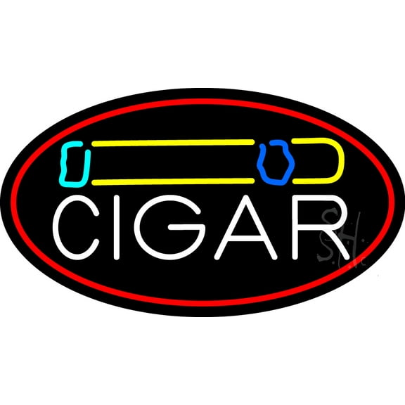 Cigar And Smoke Oval With Red Border LED Neon Sign 20 x 37 - inches, Clear Edge Cut Acrylic Backing, with Dimmer - Bright and Premium built indoor LED Neon Sign for Bar decor.