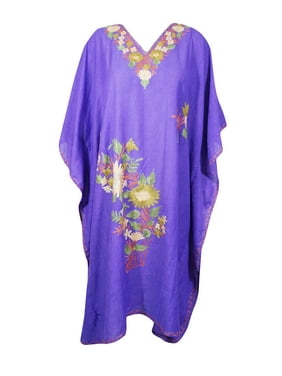 Mogul Women Purple Floral Embroidered Kaftan Dress Kimono Sleeves Resort Wear Housedress Short Caftan 3XL
