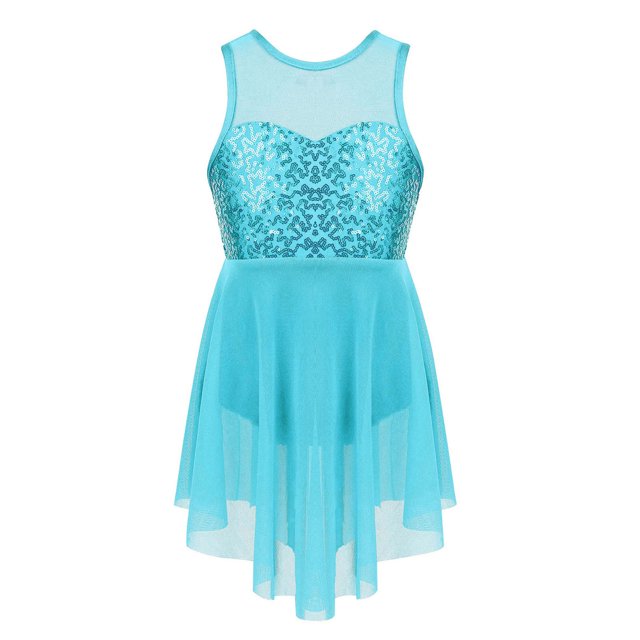 LiiYii Robe de Danse Lyrique à Sequins pour Filles Sans Manches Justaucorps en Chiffon Robes de Ballet Bleu Clair 10