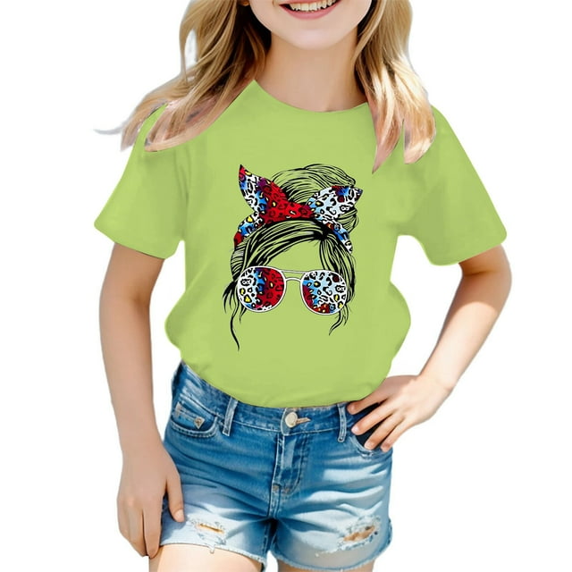 LUOGENLI T-Shirt pour Filles Enfant Filles Mignon Imprimé Graphique Col Rond Manche Courte Tee Été Décontracté T-Shirt Maxi Hauts Ensemble Volant Vert Clair 8-9 Ans