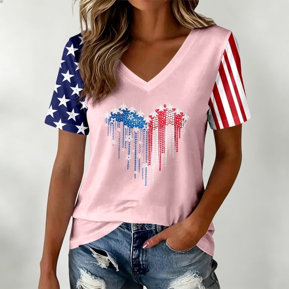 LINGLANG Fourth of July Shirts for Women, Patriotic American Flag V Neck T Shirt Summer Casual July 4th USA 250th Anniversary Graphic Tee Tops