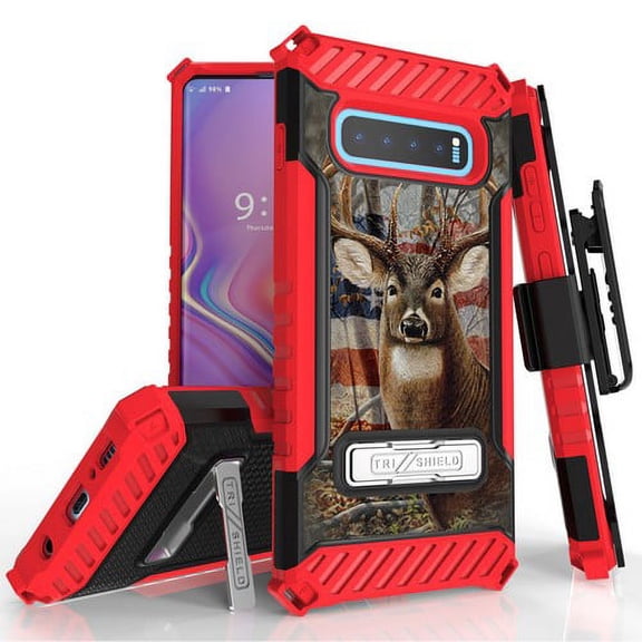 Galaxy S10 Plus (SM-G975) Case, TRISHIELD Rugged Cover With   [Belt Clip Holster]   [Built in kickstand] For Samsung Galaxy S10 Plus - Deer Outdoors Buck Flag