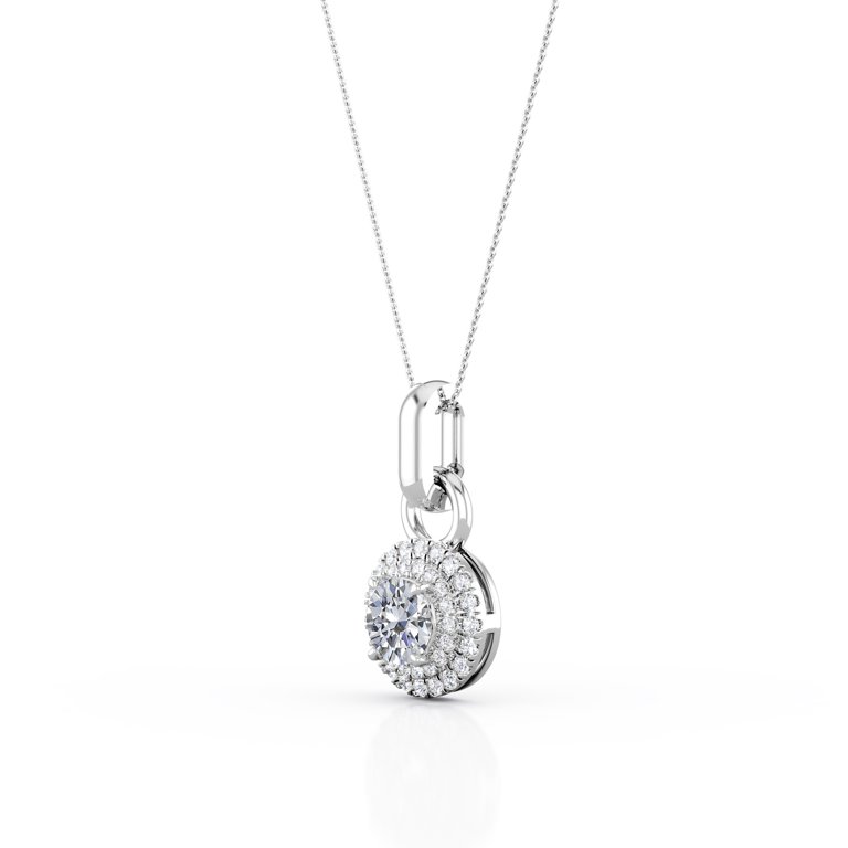 4 Prong Set 0.58 Carat Round Cut Diamond Double Halo Pendant Necklace in  10K White Gold