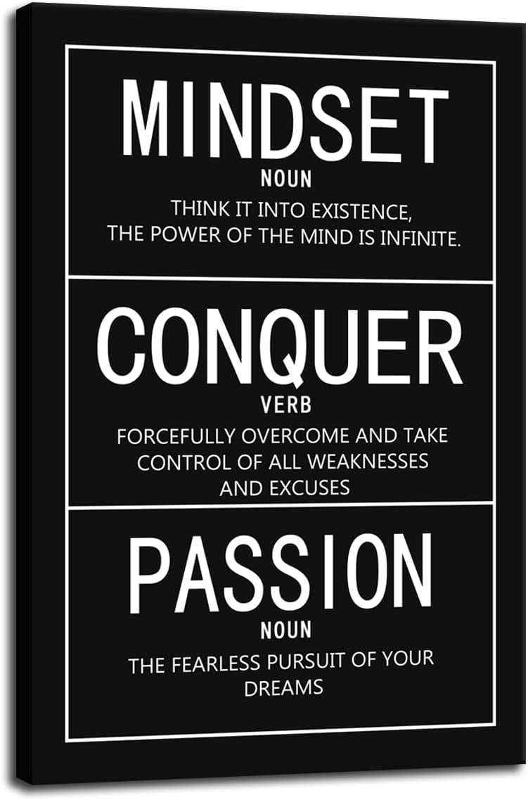 Inspirational Canvas Painting Mindset Noun Conquer Verb Passion Noun Wall  Art Motivational Poster Prints Artwork Wall Pictures for Living Room Home  Office Decor Framed Ready to Hang 12X18