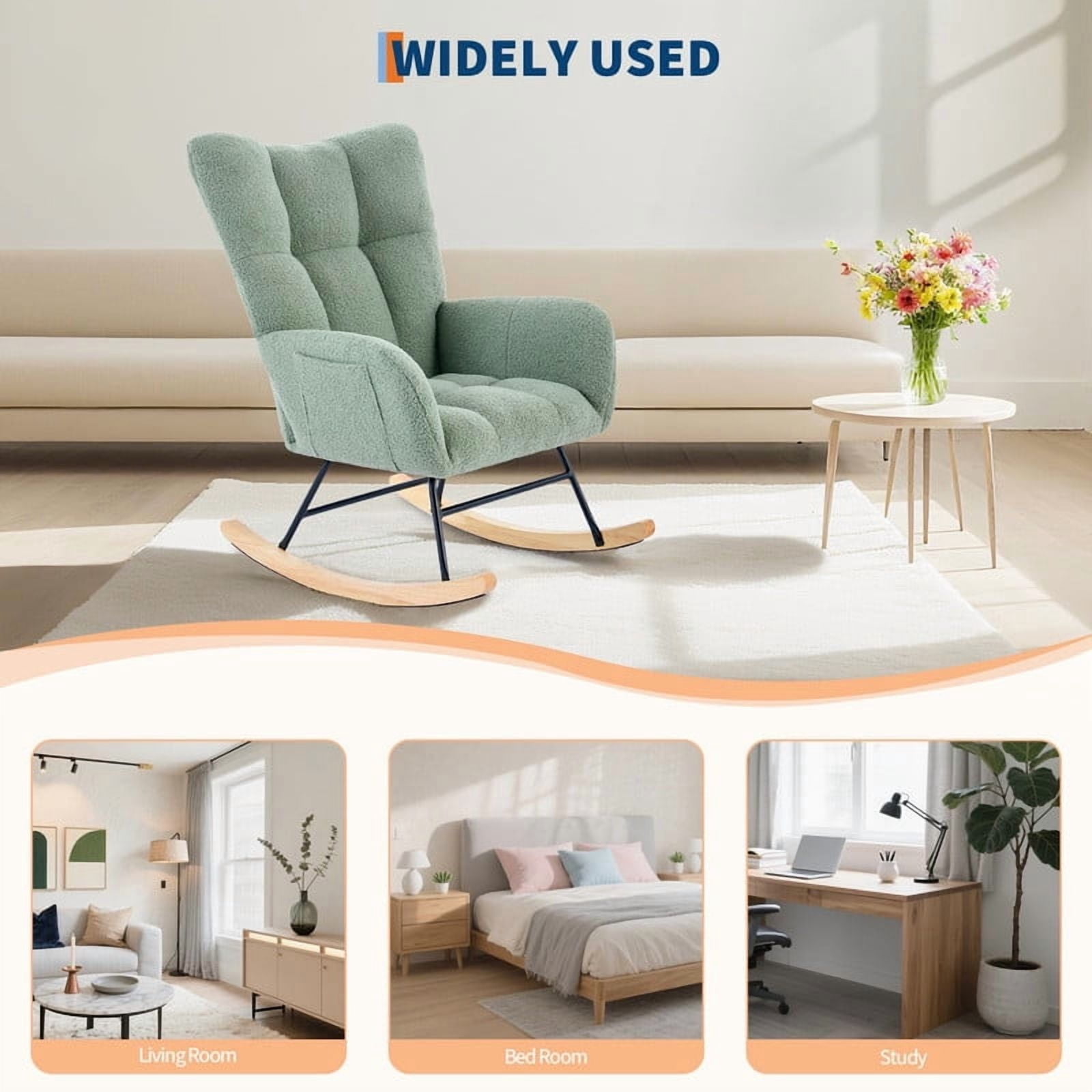 TROPOW Rocking Chair, Teddy Upholstered Glider Rocker, Nursery Glider Rocker with Wood Legs & Dual Side Pockets, Nursery Rocking Chair for Living Room, Bedroom