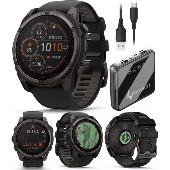 Garmin Fenix 8 - 51 mm, Solar, Sapphire, Carbon Gray DLC Titanium with Black/Pebble Gray Silicone Band GPS Smartwatch with Power Bank