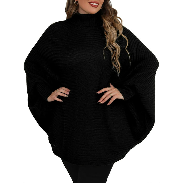Casual Plain High Neck Poncho Long Sleeve Black Plus Size Sweaters