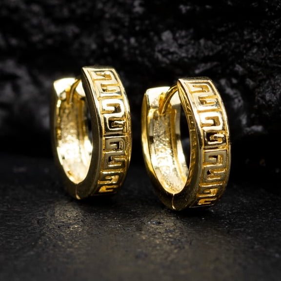 Men's Women's Trendy Small Solid 14K Yellow Gold Plated 925 Sterling Silver Post Unisex Greek Key Pattern Huggie Hoop Earrings