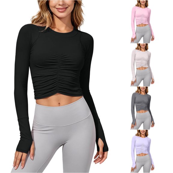 XAOFW Women's Workout T Shirts Elegant Ruched Long Sleeve Gym Tee For Women Cropped Round Neck Athletic T-Shirts Comfortable Top L