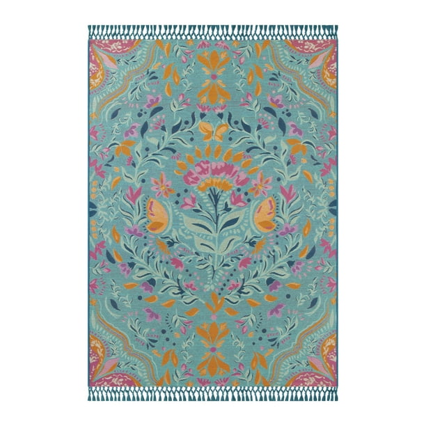 The Pioneer Woman, Folk Geo Outdoor Rug, 5" x 7" Turquoise Color