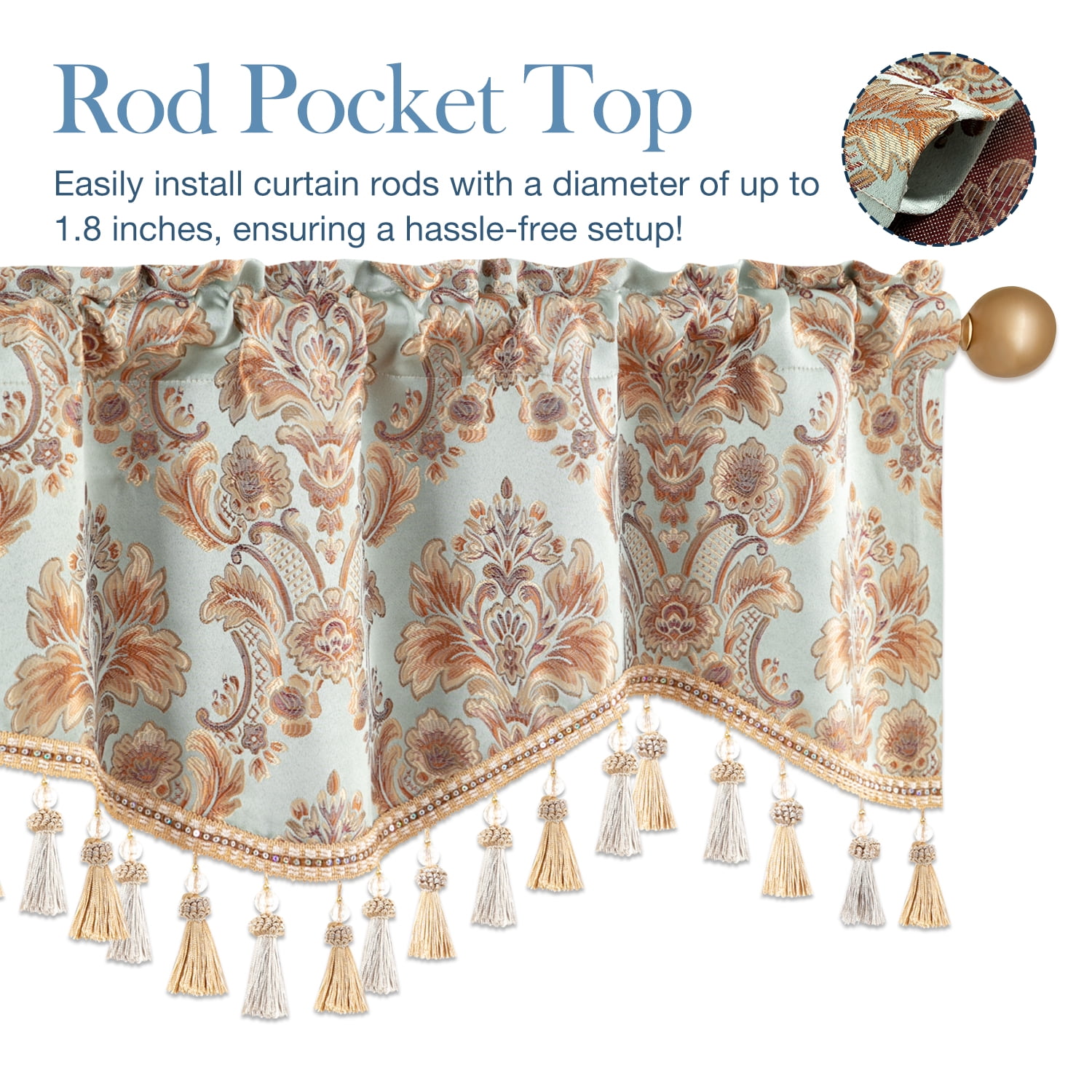 VOGOL Sky Blue Luxury Damask Valance with Beaded Tassels, 52x18 inch Rod Pocket Curtain for Living Room, Elegant Decorative Window Treatment