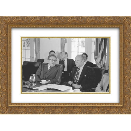 - Secretary of State Henry Kissinger and President Gerald Ford seated at a conference table in the White House, during a cabinet meeting 24x16 Double Matted Gold Ornate Framed Art Print