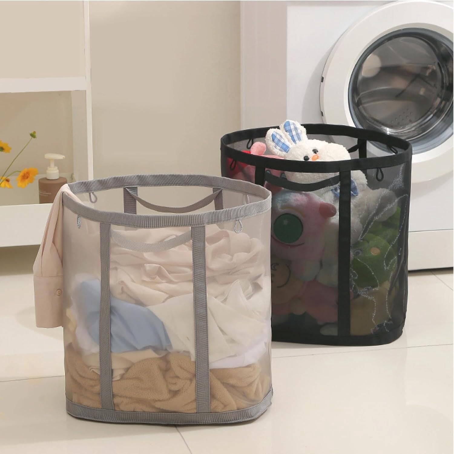 Mesh Bag with Handles, Collapsible Laundry Basket, Foldable Laundry Bag, Breathable Folding Beach Bag,Space-saving Travel Tote Bags,Black