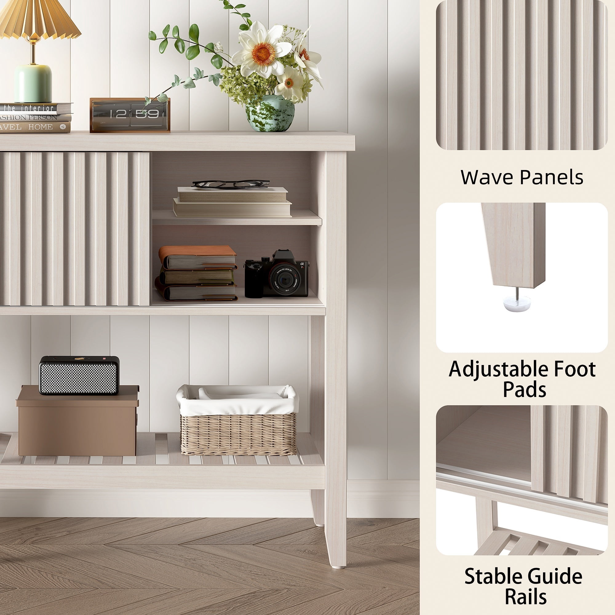 31.5" Small Entryway Display Table, Wooden Console Table with 2 Sliding Doors, Storage Accent Sofa Table with Open Shelf