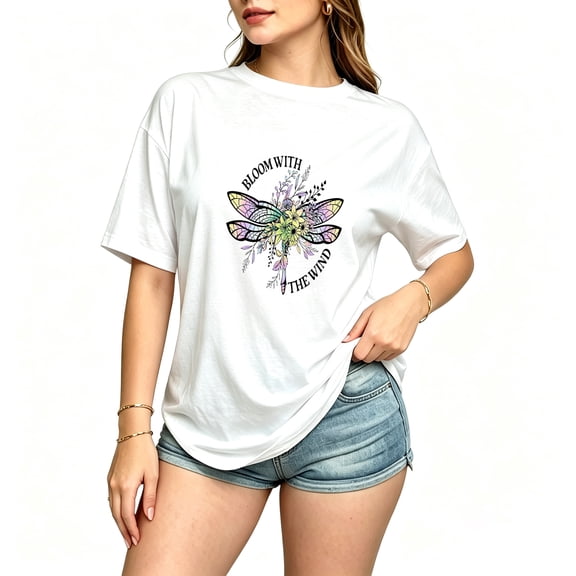 Women's Cotton T Shirts Graphic Tee Tops Bloom With Dragonfly and colorful flowers Vintage Print Short Sleeve T-Shirt