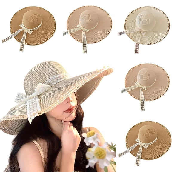 Women's Pearl Lace Trim Straw Hat with Elegant Bowknot Ribbon and Floppy Sun Protection Design Featuring French Style Beige