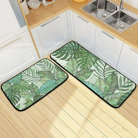 Tropical Palm Leaves on Green Kitchen Mats Set 2 Piece Non Slip Floor Foam Rugs Cushioned Soft Waterproof Carpet Runner for Dining Room Bathroom Laundry