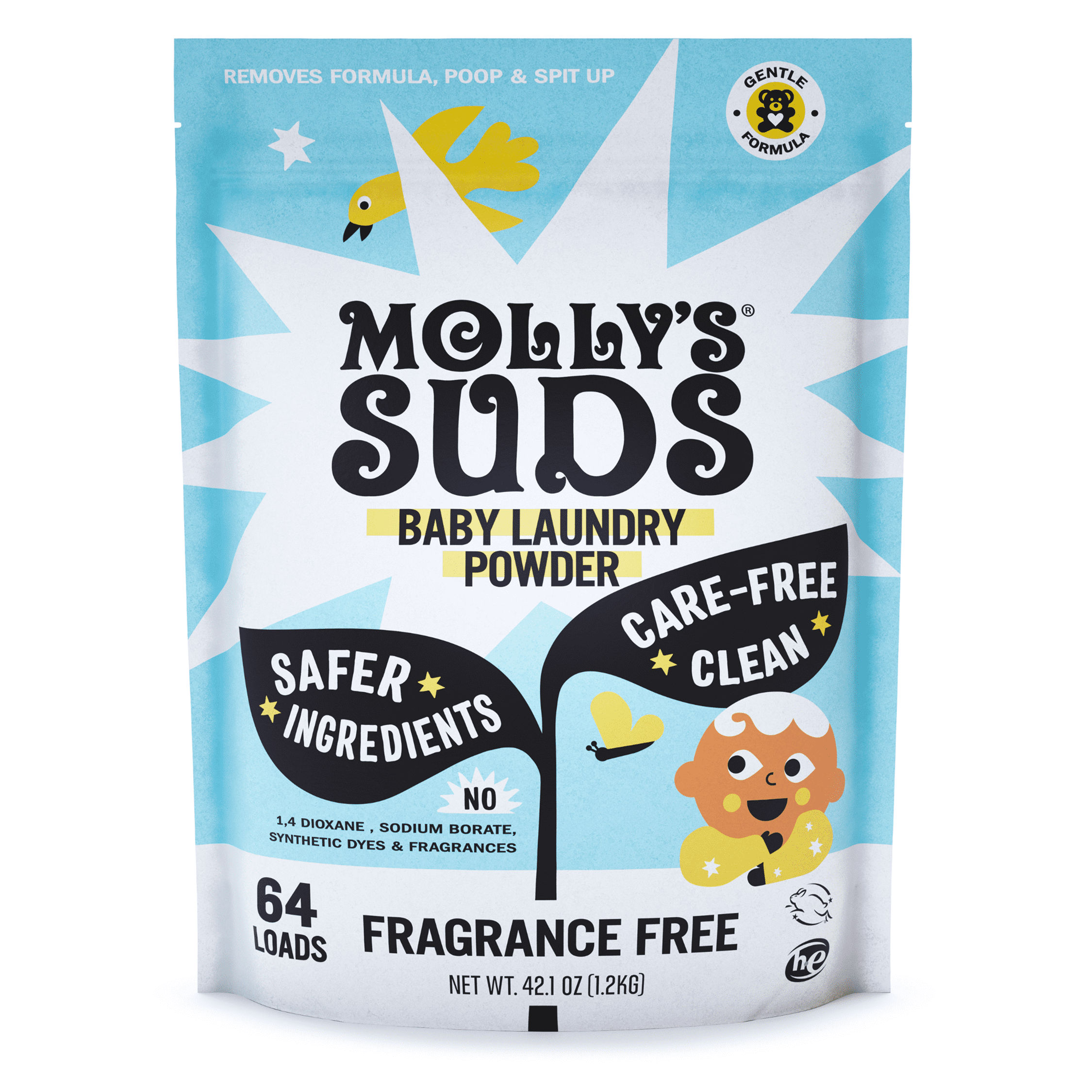 (6 pack) Molly's Suds Baby Laundry Detergent Powder, Removes Formula, Poop & Spit-Up Stains, Extra Gentle for Newborns, 64 Loads (Fragrance Free)